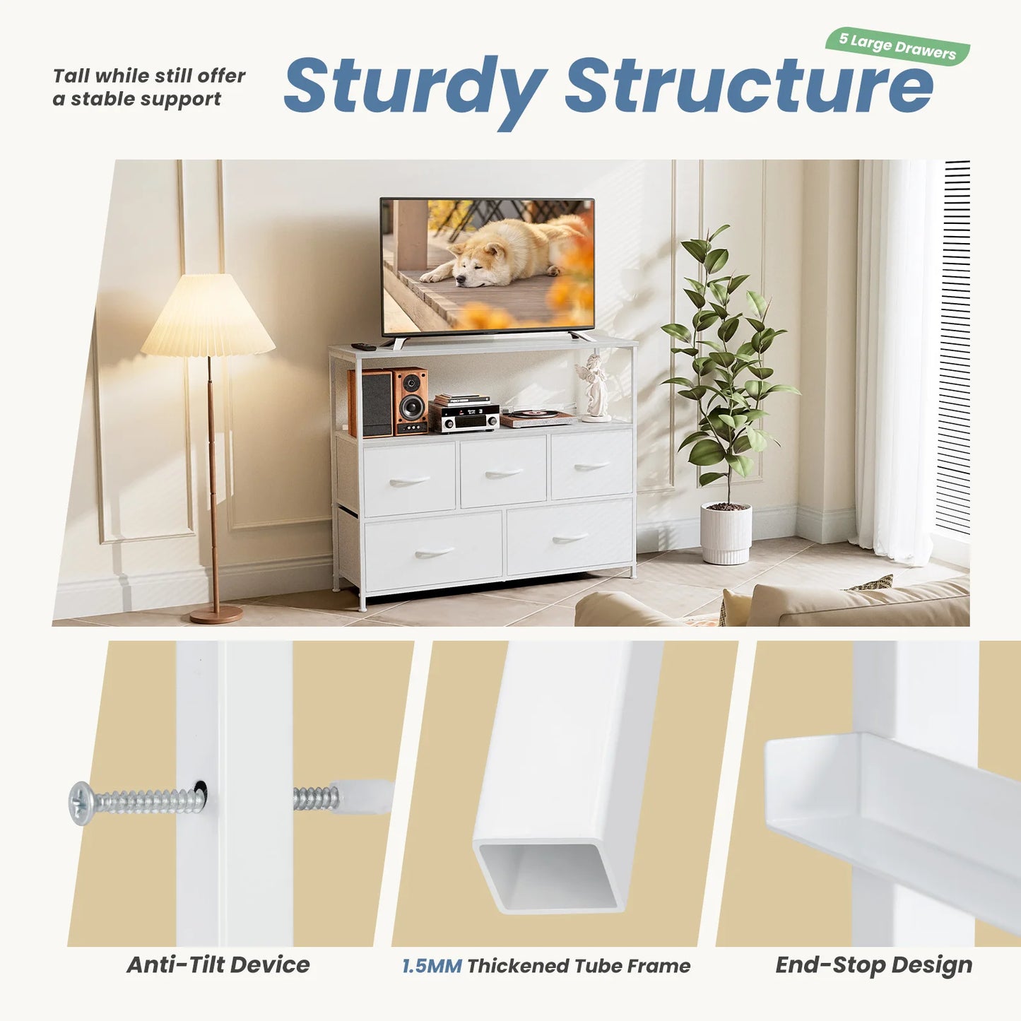 MCQ TV Stand Dresser With Five Fabric Storage Drawers