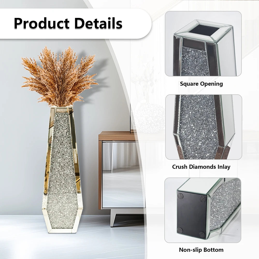 Luxury Crushed Diamond Mirrored Floor Flower Vase Silver Glass Vase