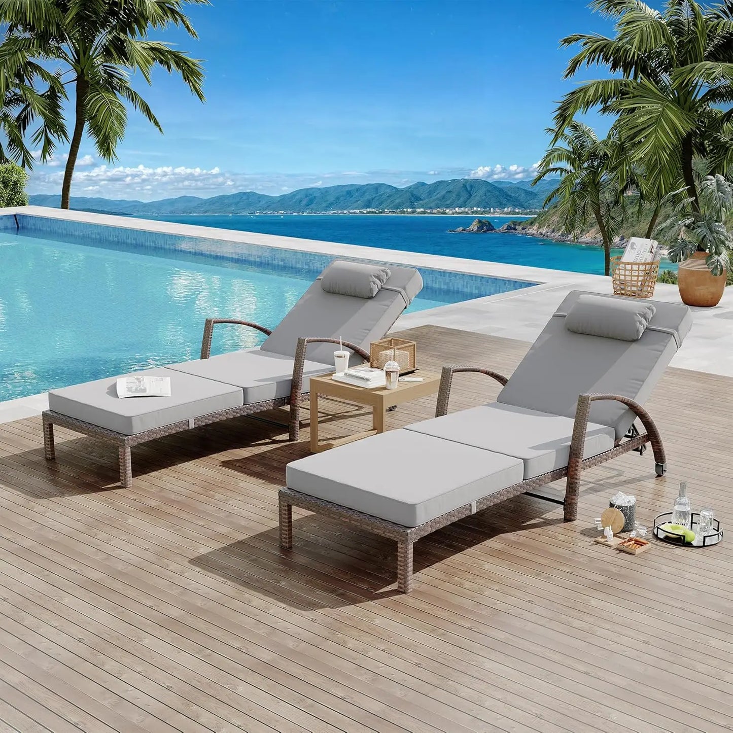 Outdoor Rattan Folding Chaise Lounge Set With Five Position Back