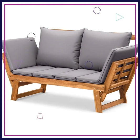 Adjustable Outdoor Loveseat with Cushions, Acacia Wood Patio Sofa for Balcony Backyard (Grey)