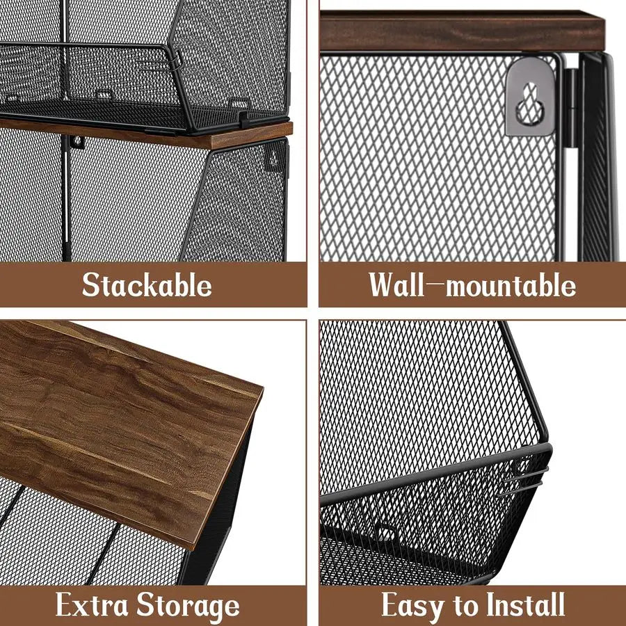 Fruit Basket for Kitchen Countertop Space Saving, Wall Mounted Mesh Metal Wire Baskets with Wood Lid Extra Storage, 2 Pack Kitch