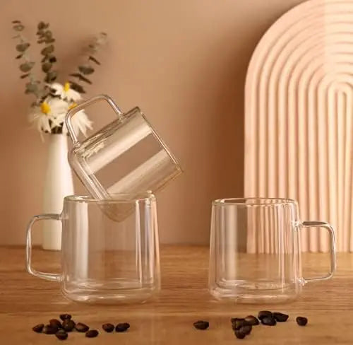 Double Wall Glass Coffee Mugs With Handle Set Of 4