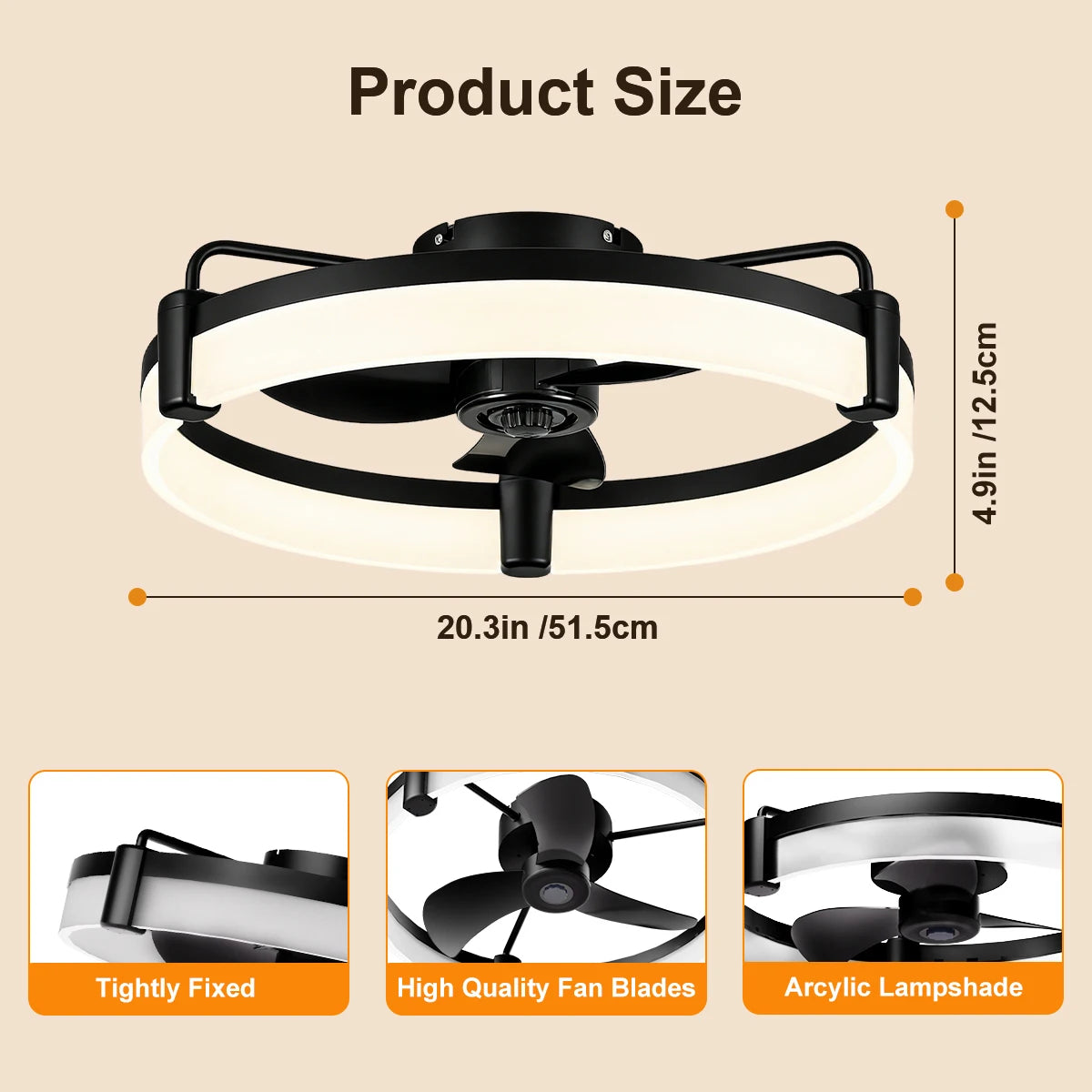 Aiopp Modern Flush Mount Ceiling Fan With Ring LED Light