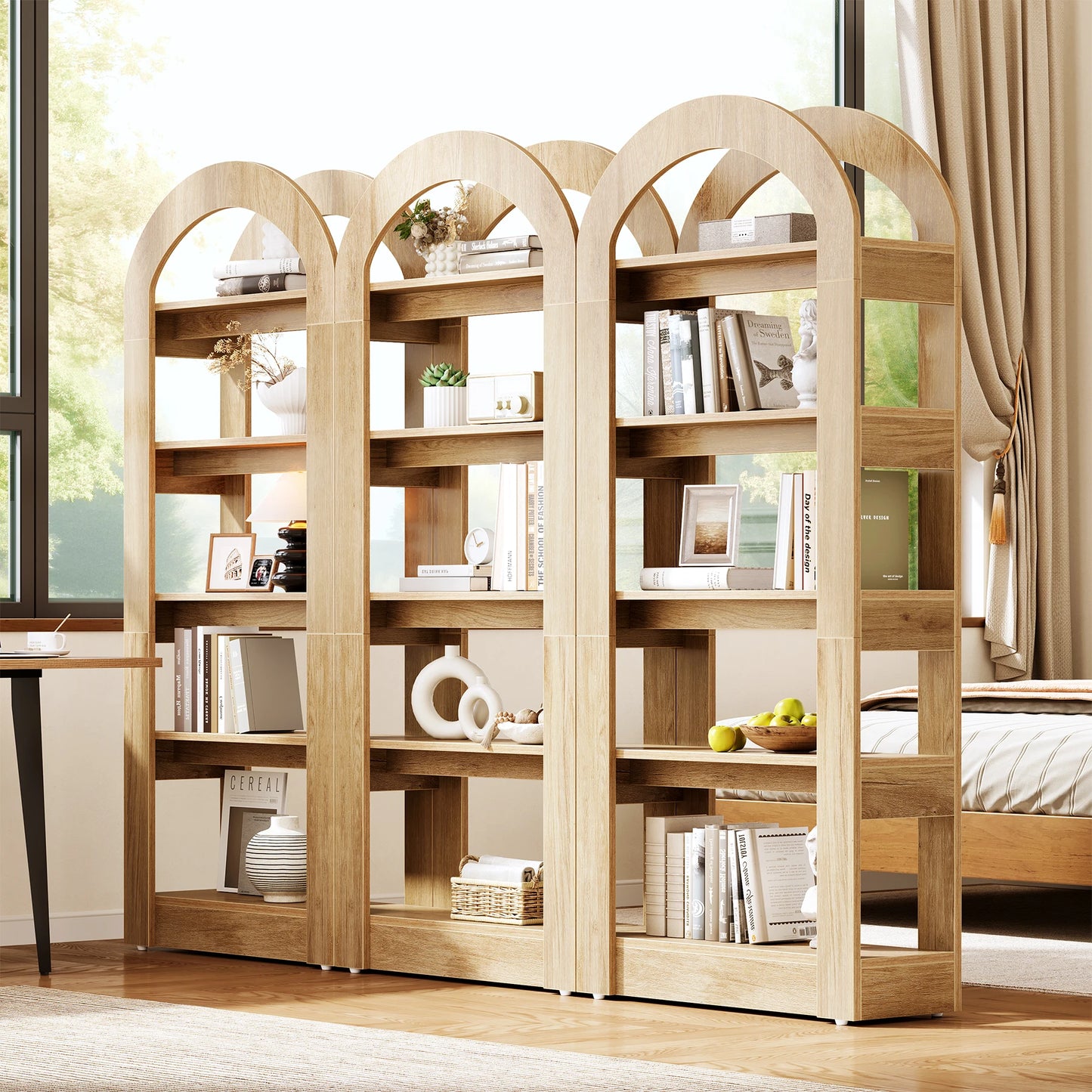Tribesigns 70.87” Tall Arched Bookshelf, Rustic Oak Bookcase with 5-Tier Storage, Modern Decorative Display Shelf for Living Room, Bedroom, Office (31.5” W x 11.81” D)
