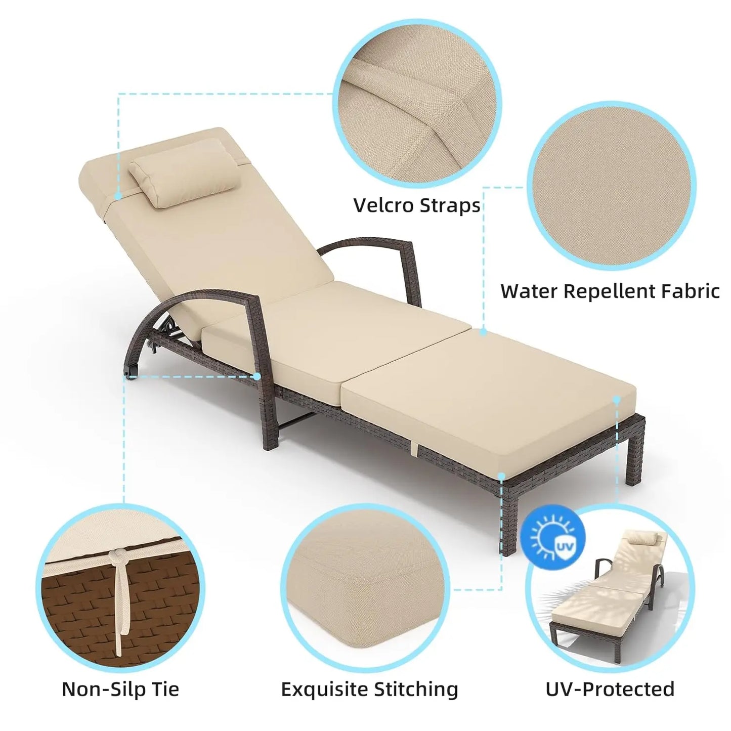 Outdoor Rattan Folding Chaise Lounge Set With Five Position Back