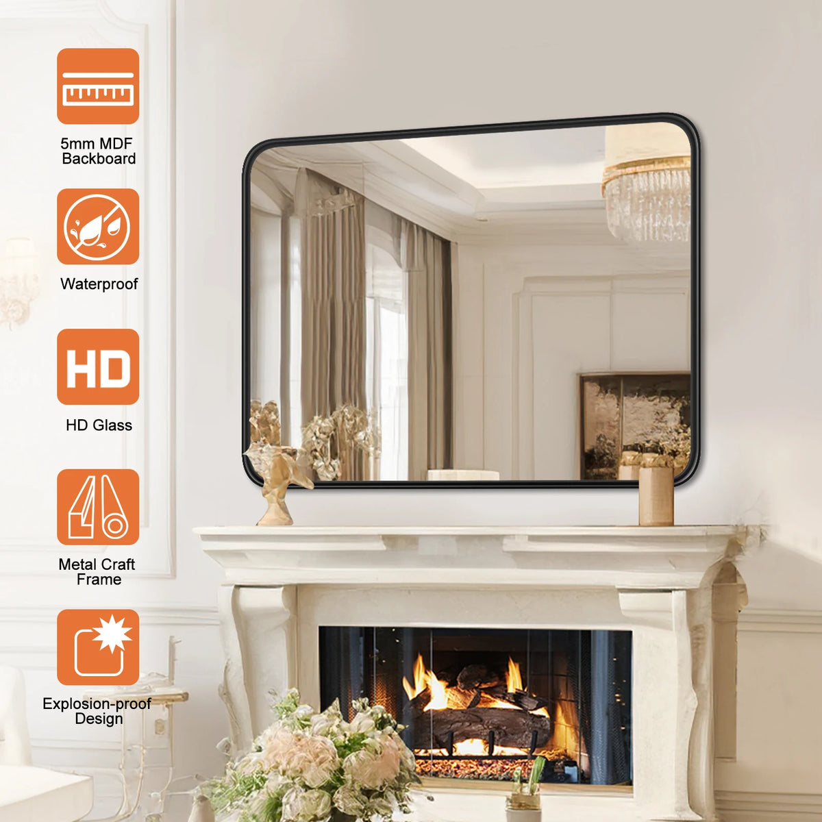 JHK Matte Metal Framed Bathroom Mirror for Wall,Vanity Rectangle Rounded Corner Tempered Glass Mirror,Clear Reflection,Modern