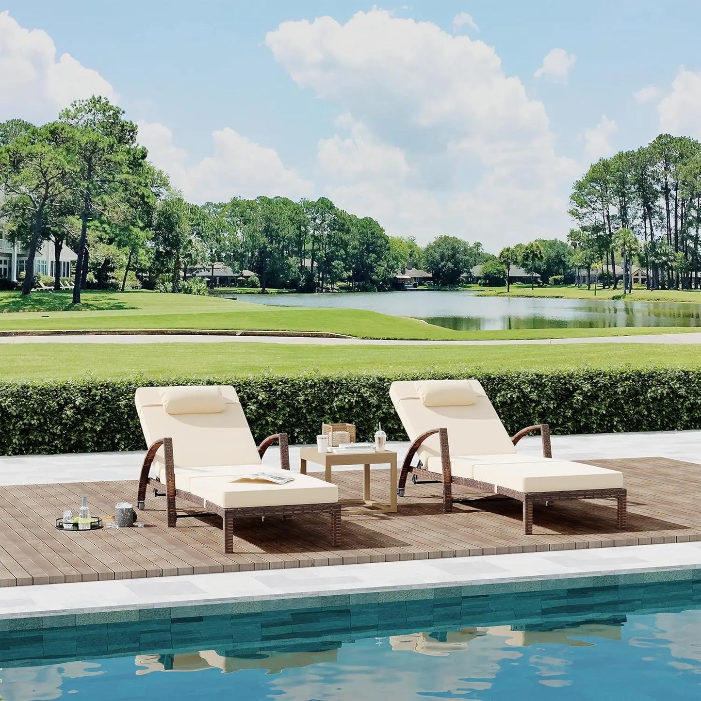 Outdoor Rattan Folding Chaise Lounge Set With Five Position Back