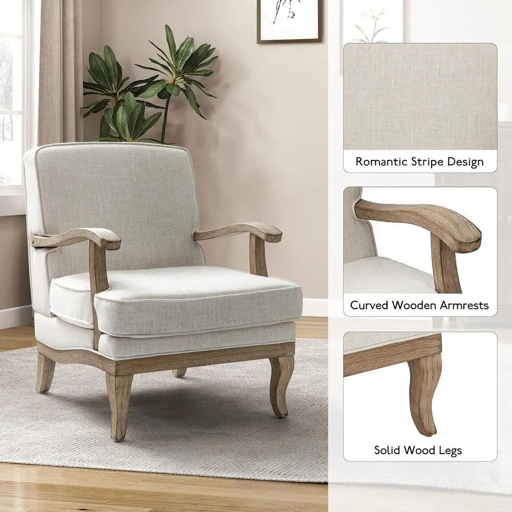 -Century ern Accent Chair, Upholstered Living Room Lounge Chair, Lounge Armchair with tic Stripes & Solid Wood Legs, Living Room