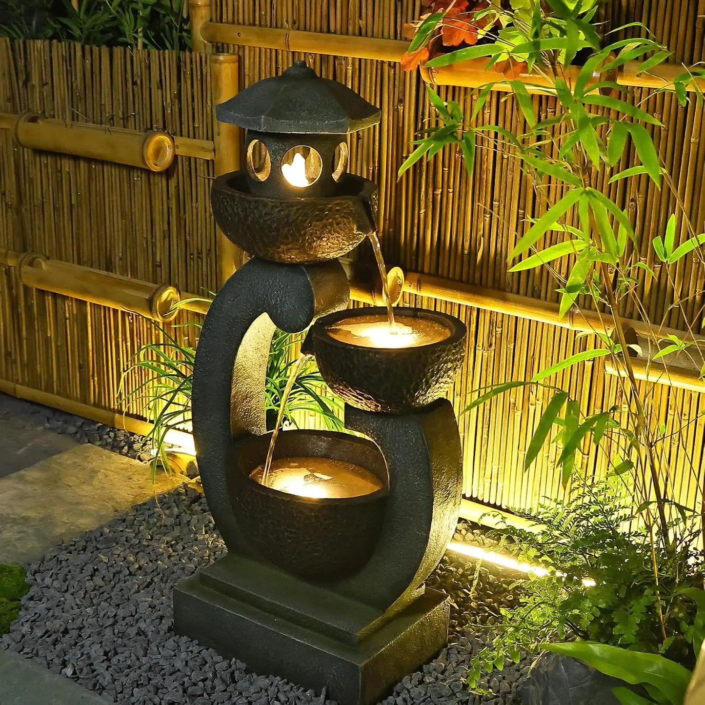 Outdoor Garden Water Fountain Zen Pagoda With LED Lights