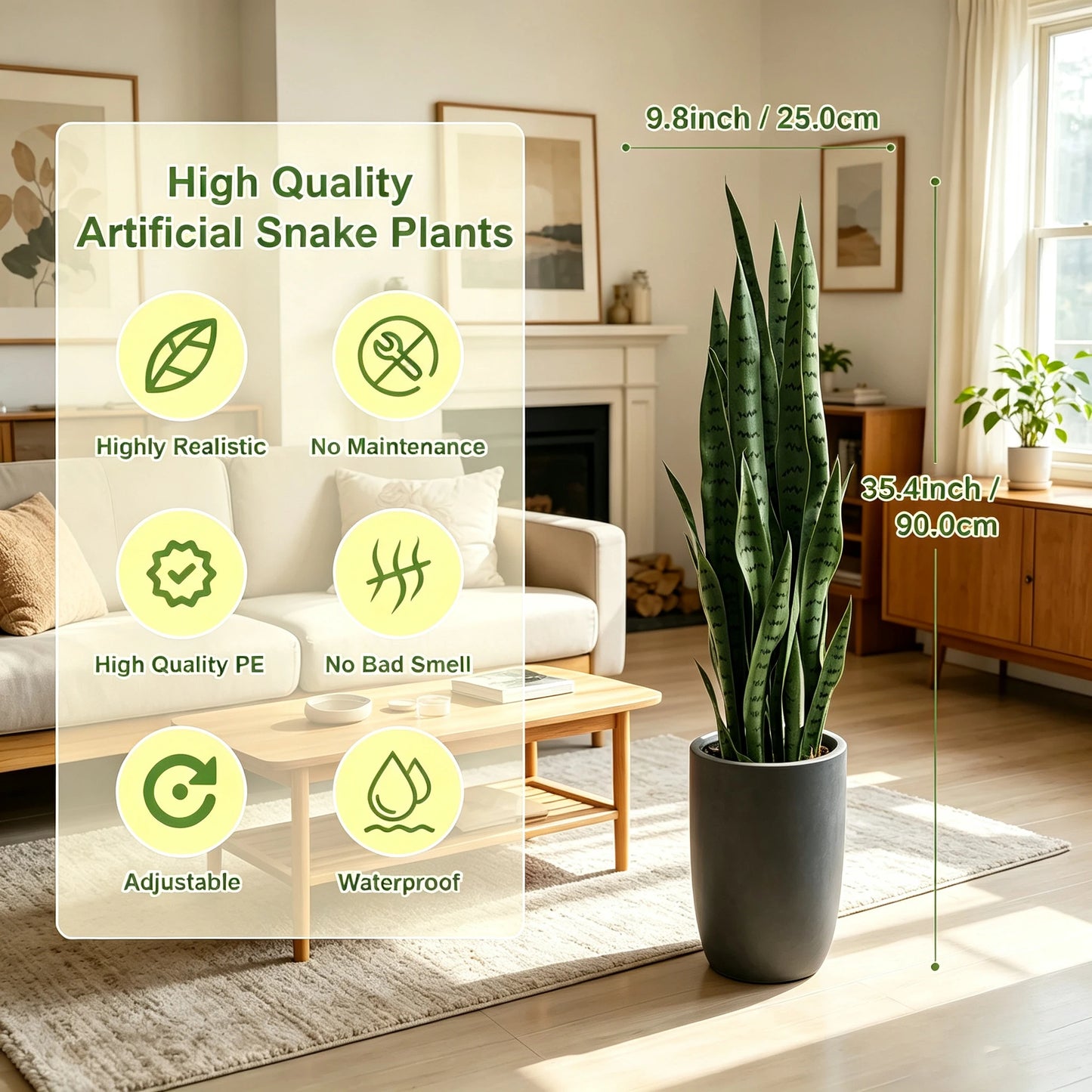 3FT Fake Snake Plant, 2 Pack Faux Sansevieria in Pot with 24 Realistic Leaves, UV Resistant Artificial Mother-in-Law's Tongue Plant for Indoor Outdoor Home, Office, Bedroom, Patio Decor