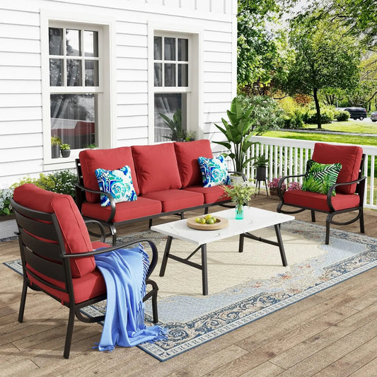 4 Pieces Patio Conversation Set, 5 Seats Metal Patio Furniture Sets with 1 x 3-Seat Sofa, 2 Single Chairs,1 Coffee, Customized