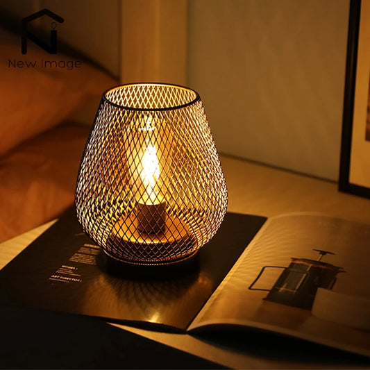NEWIMAGE Nordic Metal Hollow Cage Candle Holder LED Lantern