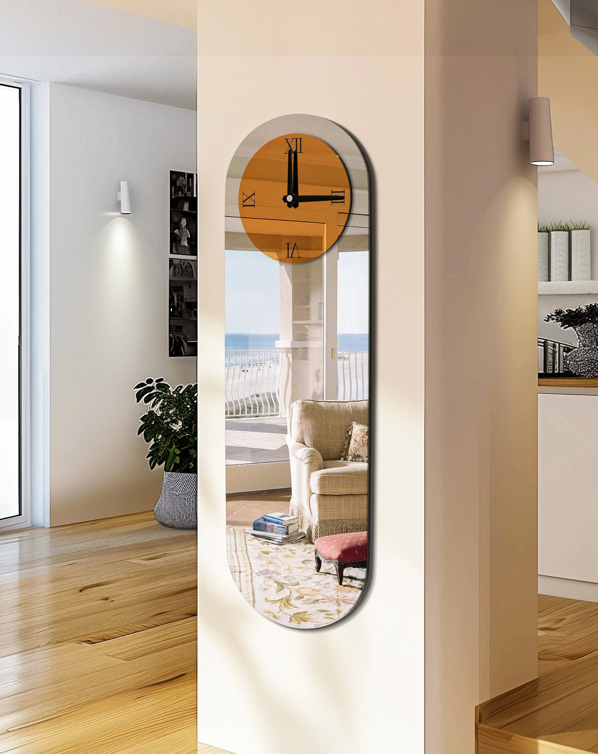 Mirror Wall Clock Modern Minimalist Long Oval Brown Tinted Wall Clock Silver Mirror Decorative Clock for Home, Living Room