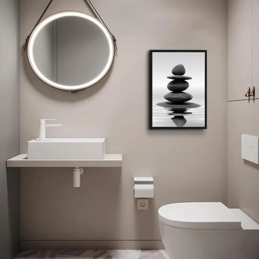 Framed Zen Stones Bathroom Wall Art for Spa and Yoga