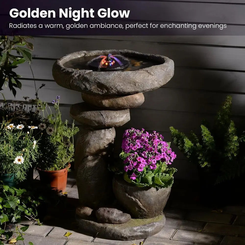 Outdoor Rock Waterfall Fountain With Planter And LED Lights