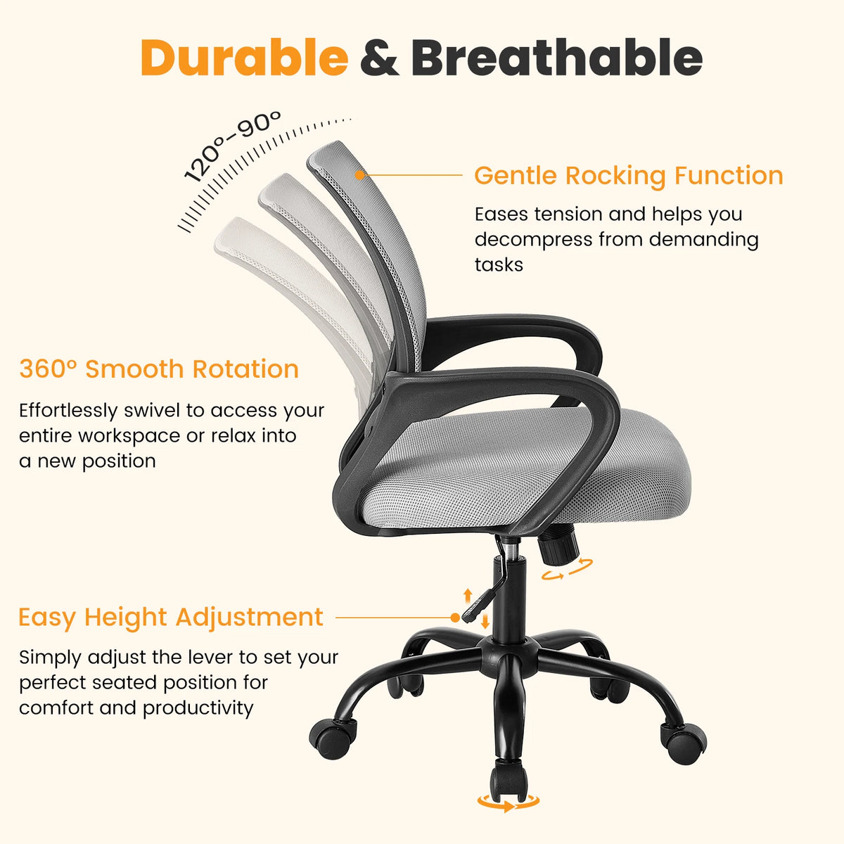 MCQ Office Desk Ergonomic Gaming Chair Height Adjustable with Fixed Armrest 360° Swivel Storage Back for Computer Meeting Room