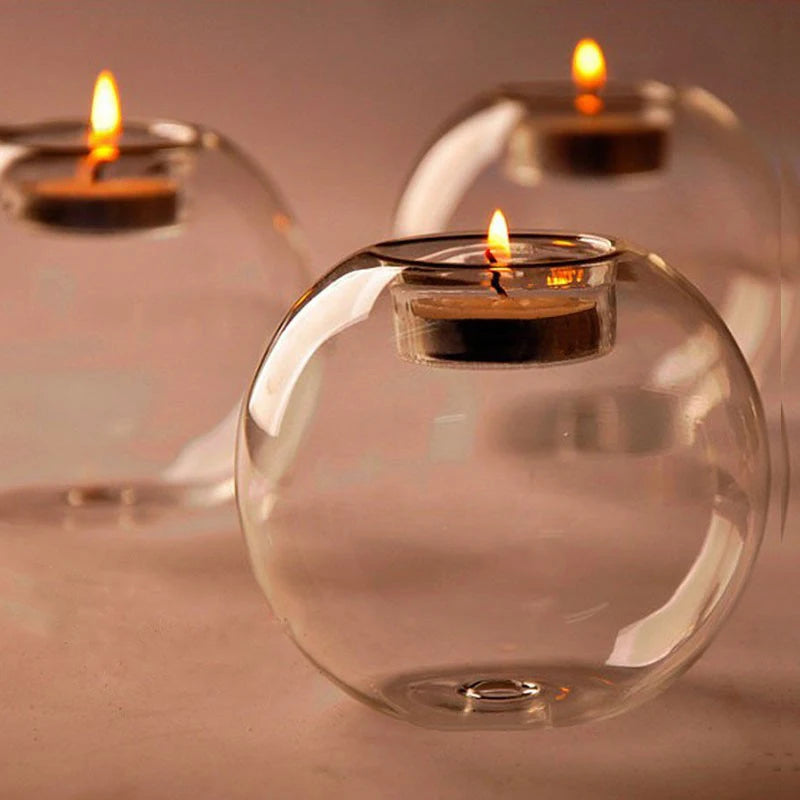 Clear Glass Tealight Candle Holder Round Hollow Design For Decor