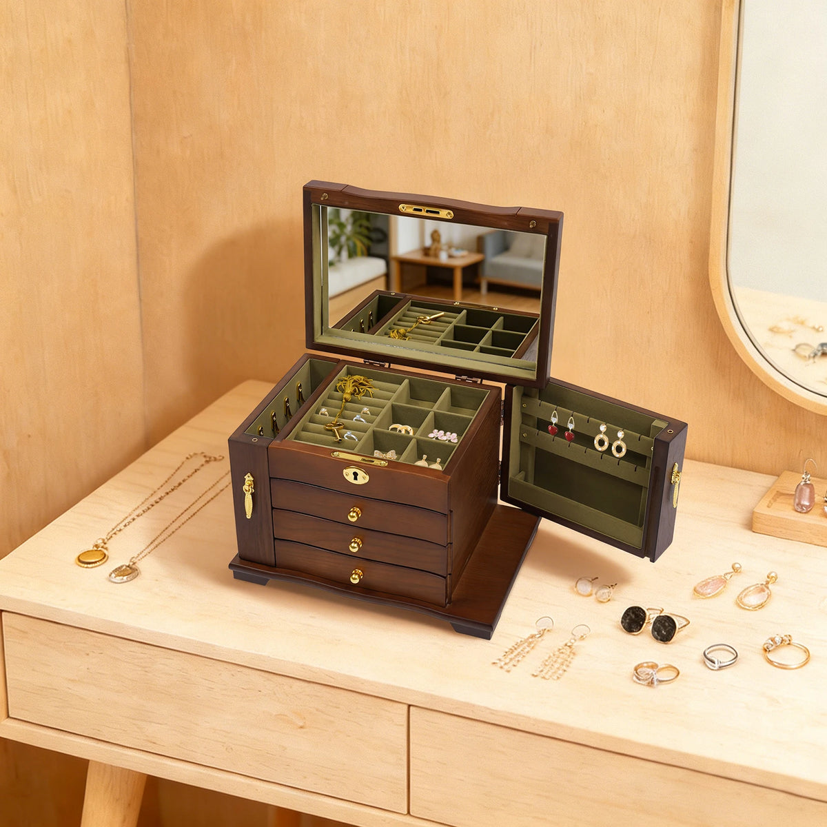 4-tier Multi Functional Jewelry Box Wooden Jewelry Storage Box with Combo Lock for Jewelries, Ring,Necklace and Watches