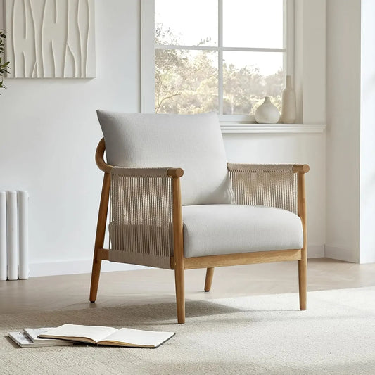Set of 2 Braid Accent Chairs with Solid Wooden Armrests, Modern Boho Reading Armchair for Living Room, Bedroom, Light Grey