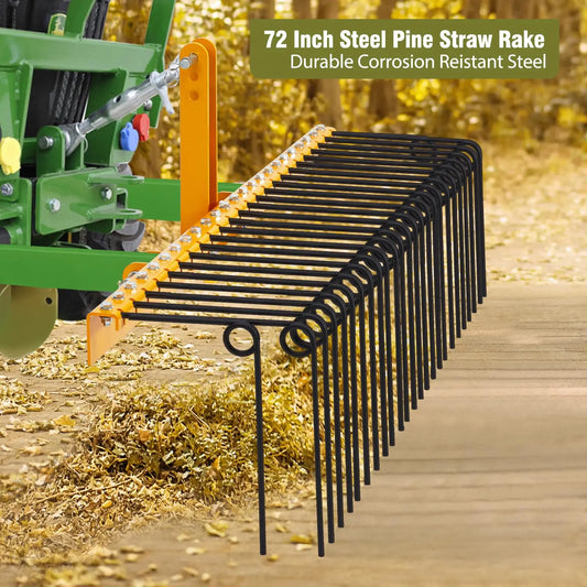 72 Inch Pine Straw Rake, 30 Coil Spring Tines Durable Powder Coated Steel Tow Behind Landscape Rake with 3 Point Hitch Receiver Attachment Fit to Cat0 Cat 1 Tractors for Leaves Grass