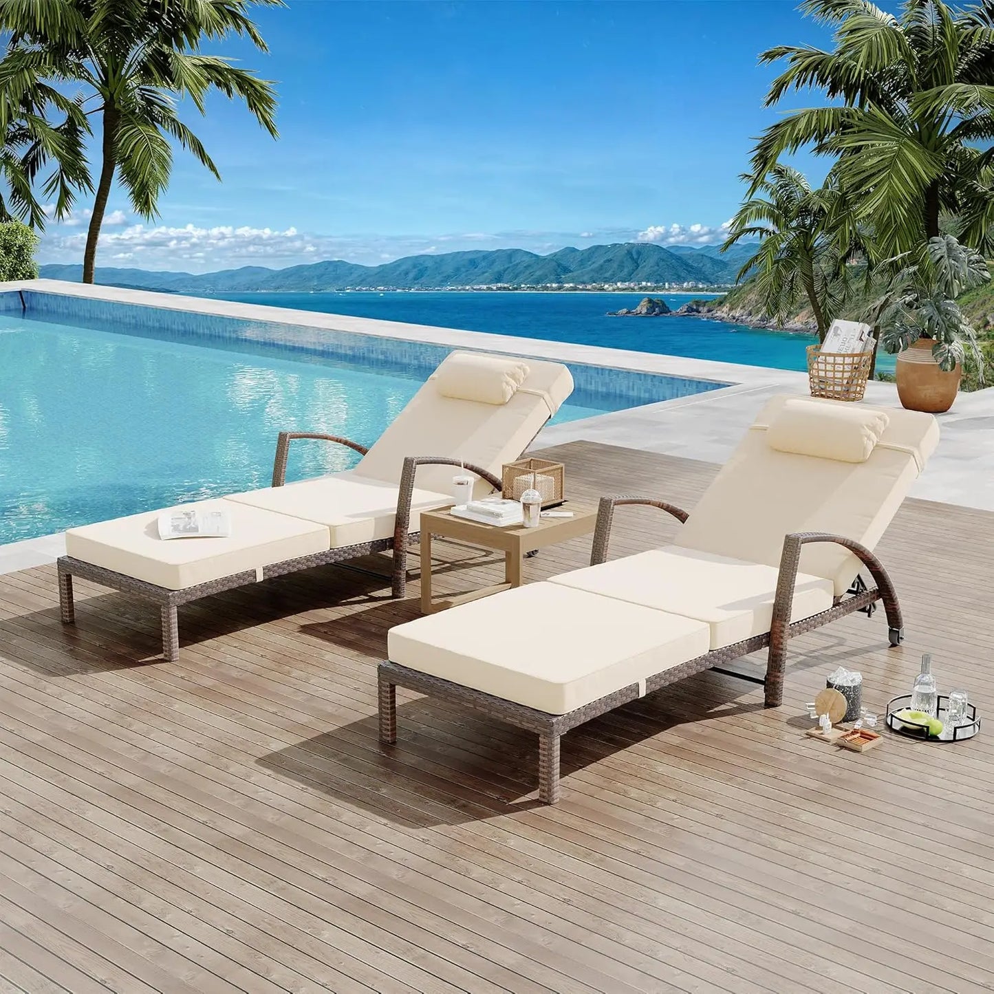 Outdoor Rattan Folding Chaise Lounge Set With Five Position Back