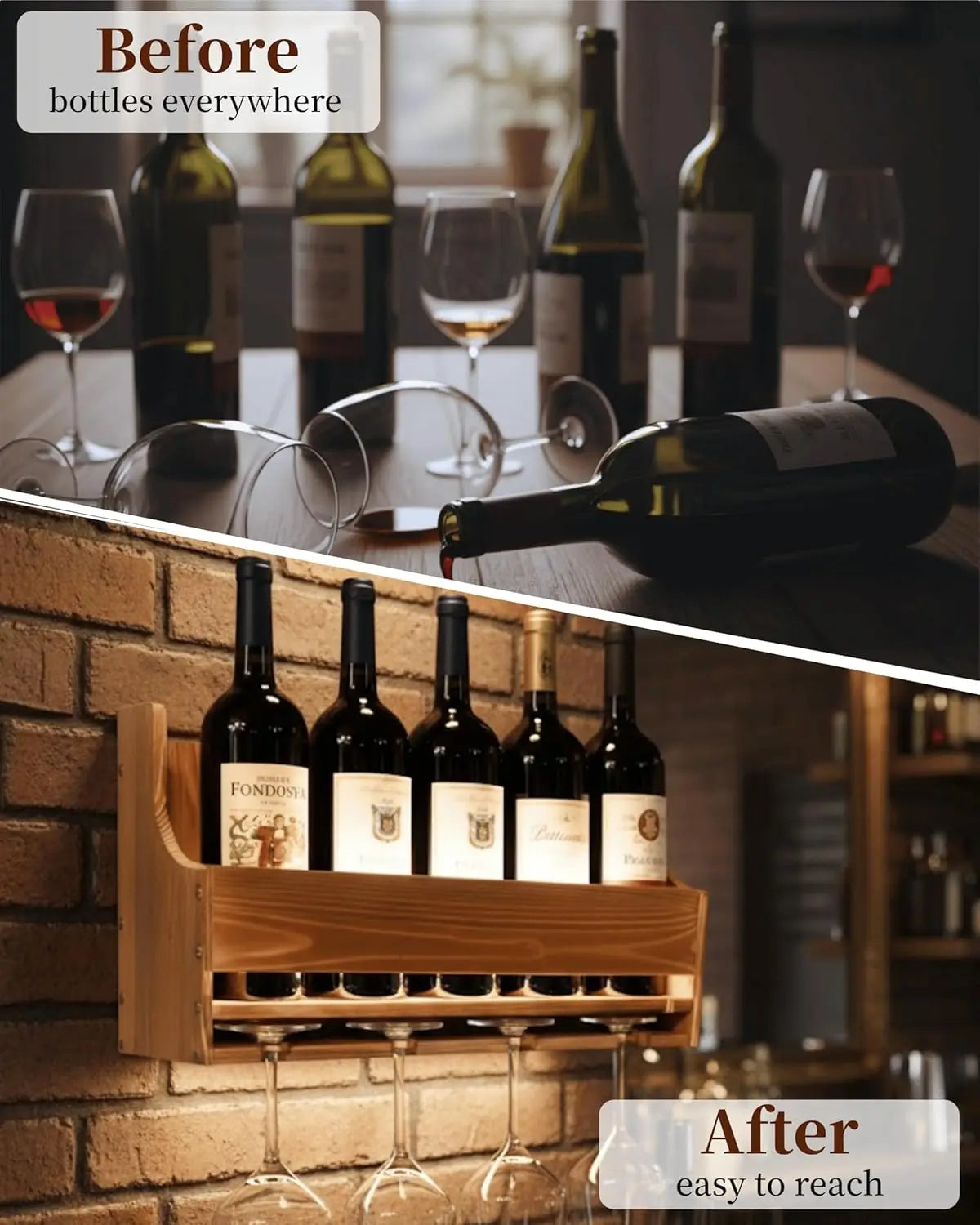 Wall Mounted LED Wine Rack with Glass Holder, 4-Bottle & 4-Glass Space-Saving Bar Shelves for Home Decor