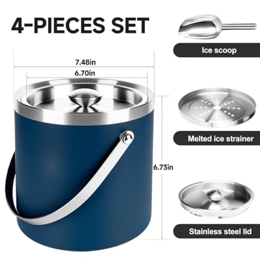 3L Double-Wall Insulated Stainless Steel Ice Bucket with scoop for Cocktail Bar - Metal Ice Bucket for freezer with Lid for par