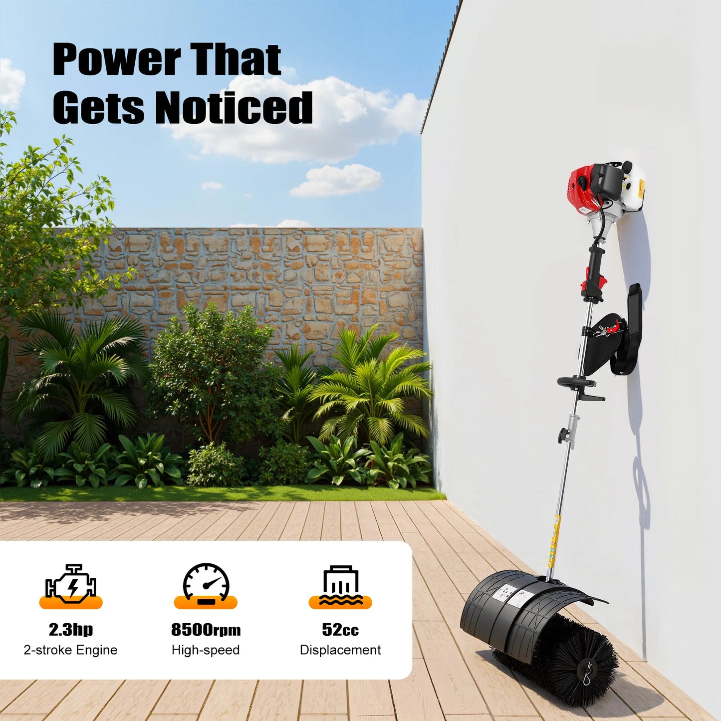 2.3HP Gas Powered Walk Behind Sweeper For Driveway And Lawn